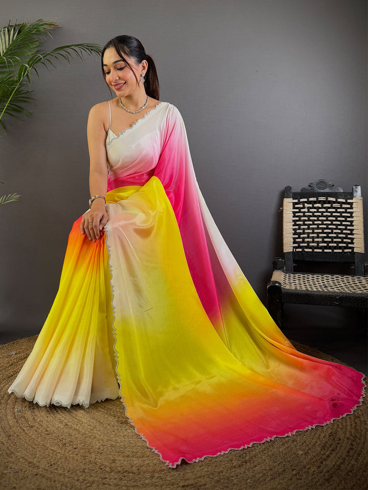 Pink Yellow Ombre Shaded Saree with Lace Border