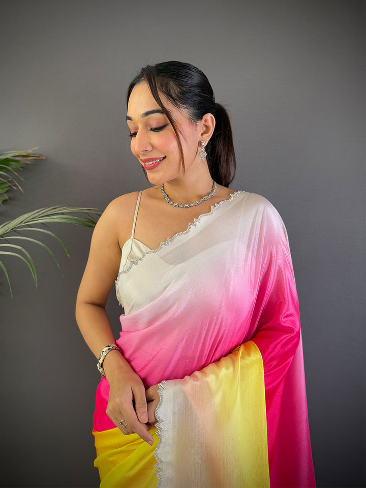 Pink Yellow Ombre Shaded Saree with Lace Border