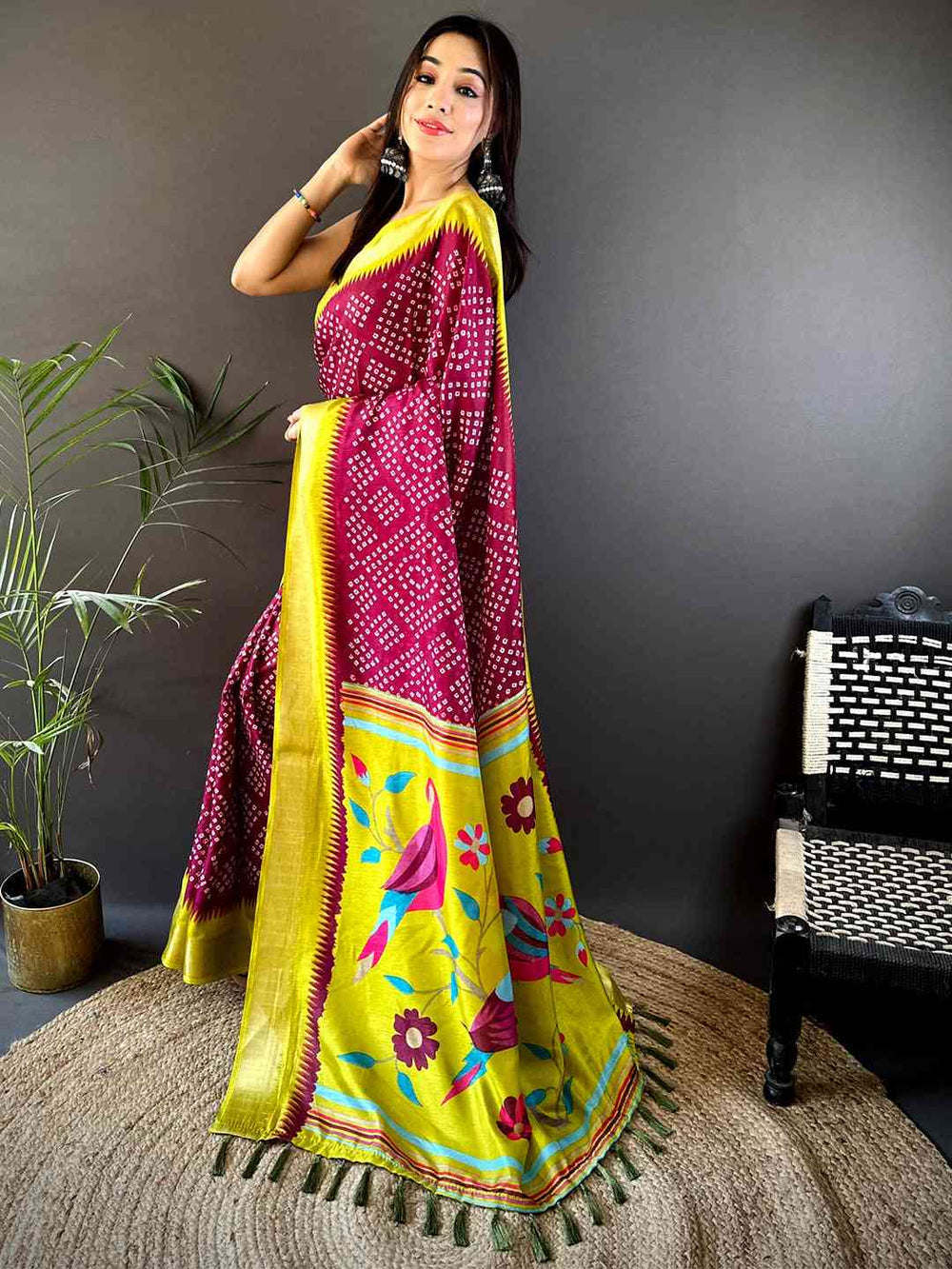 Magenta Bandhani Printed Saree with Yellow Parrot Pallu