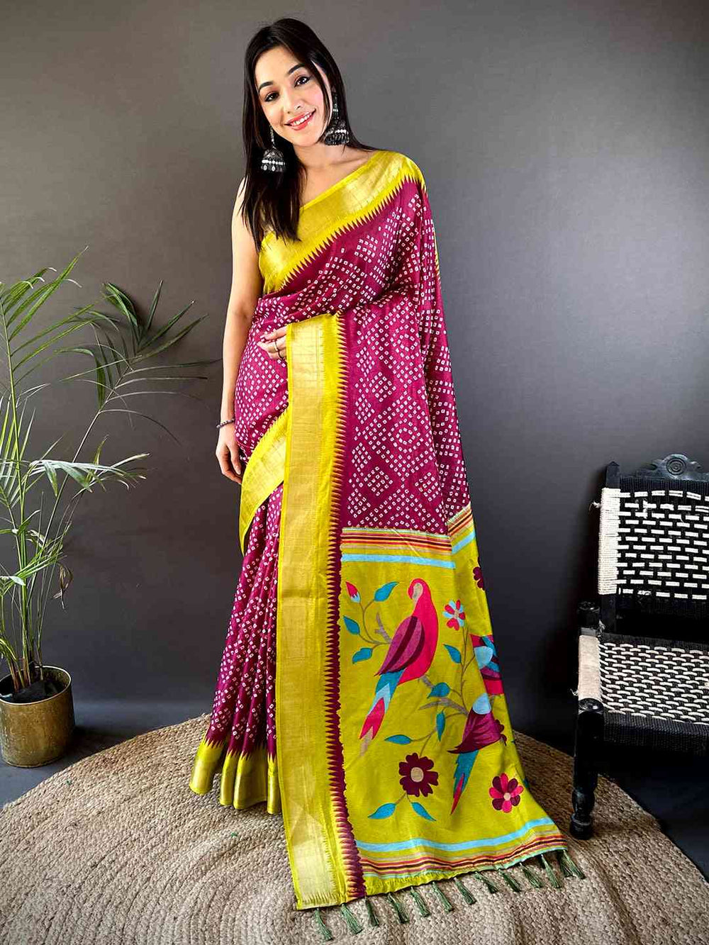 Magenta Bandhani Printed Saree with Yellow Parrot Pallu