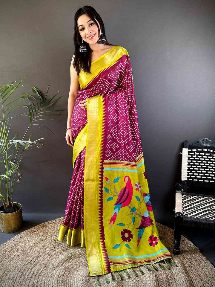 Magenta Bandhani Printed Saree with Yellow Parrot Pallu