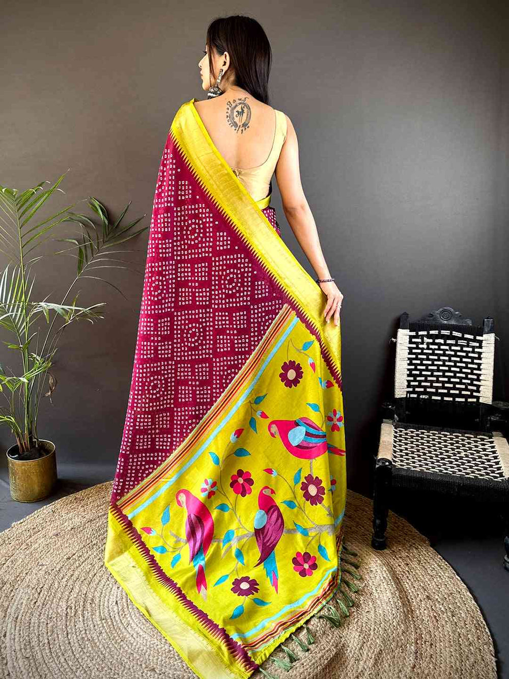 Magenta Bandhani Printed Saree with Yellow Parrot Pallu