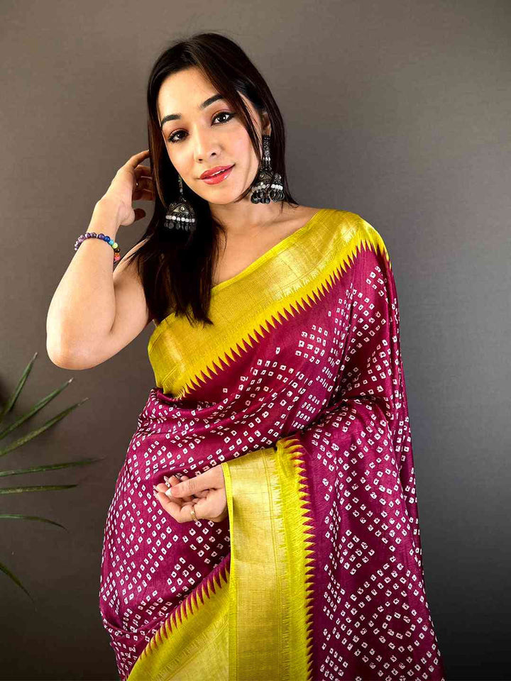 Magenta Bandhani Printed Saree with Yellow Parrot Pallu