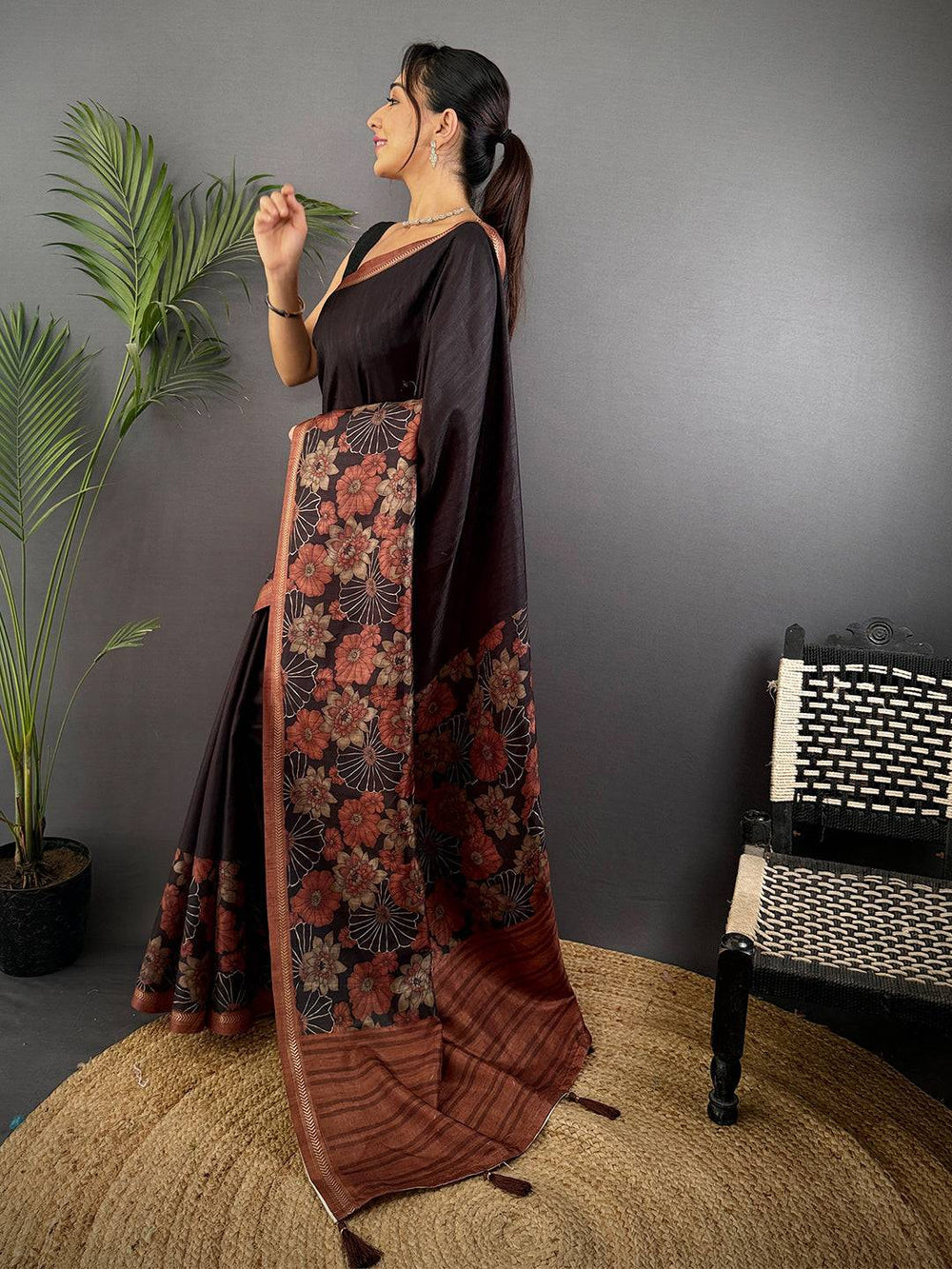 Black Floral Printed Silk Saree with Copper Border
