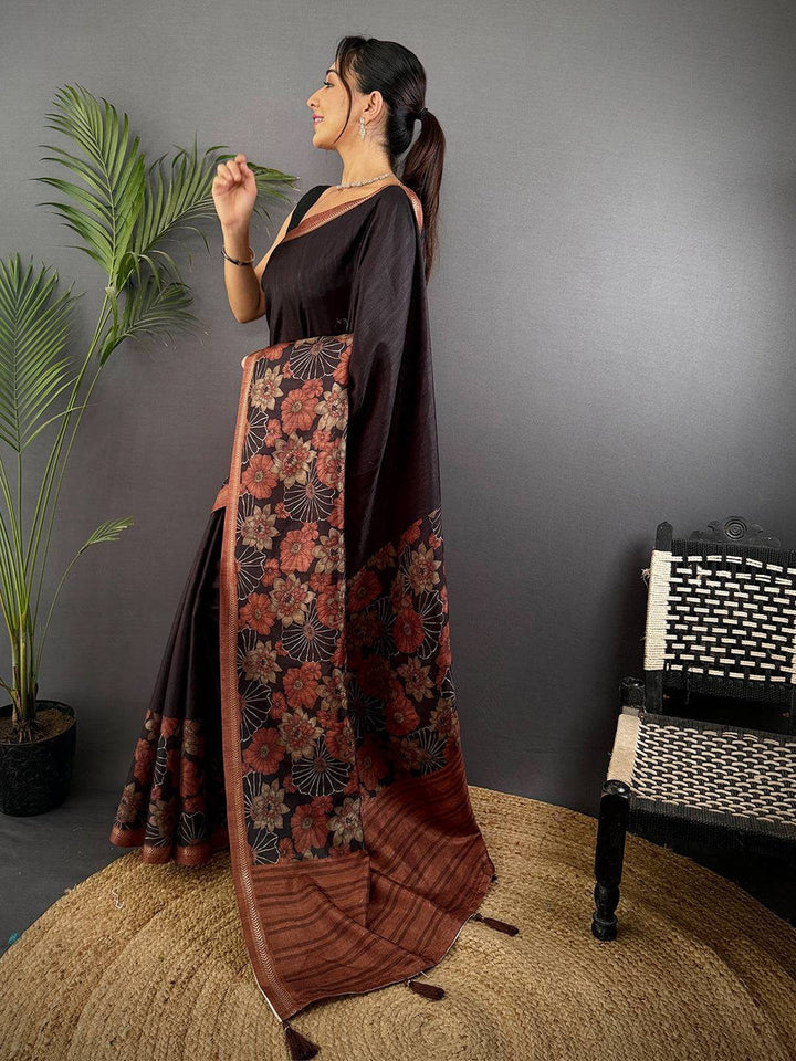 Black Floral Printed Silk Saree with Copper Border