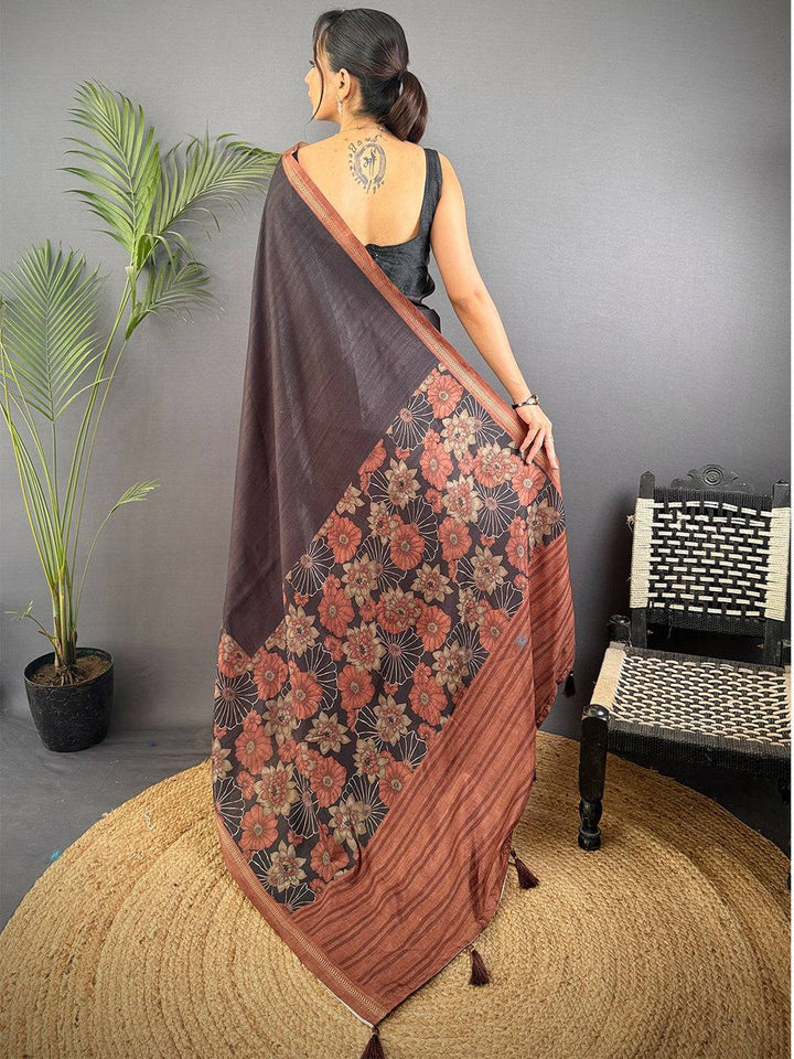 Black Floral Printed Silk Saree with Copper Border