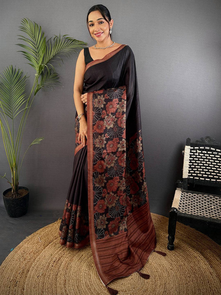 Black Floral Printed Silk Saree with Copper Border
