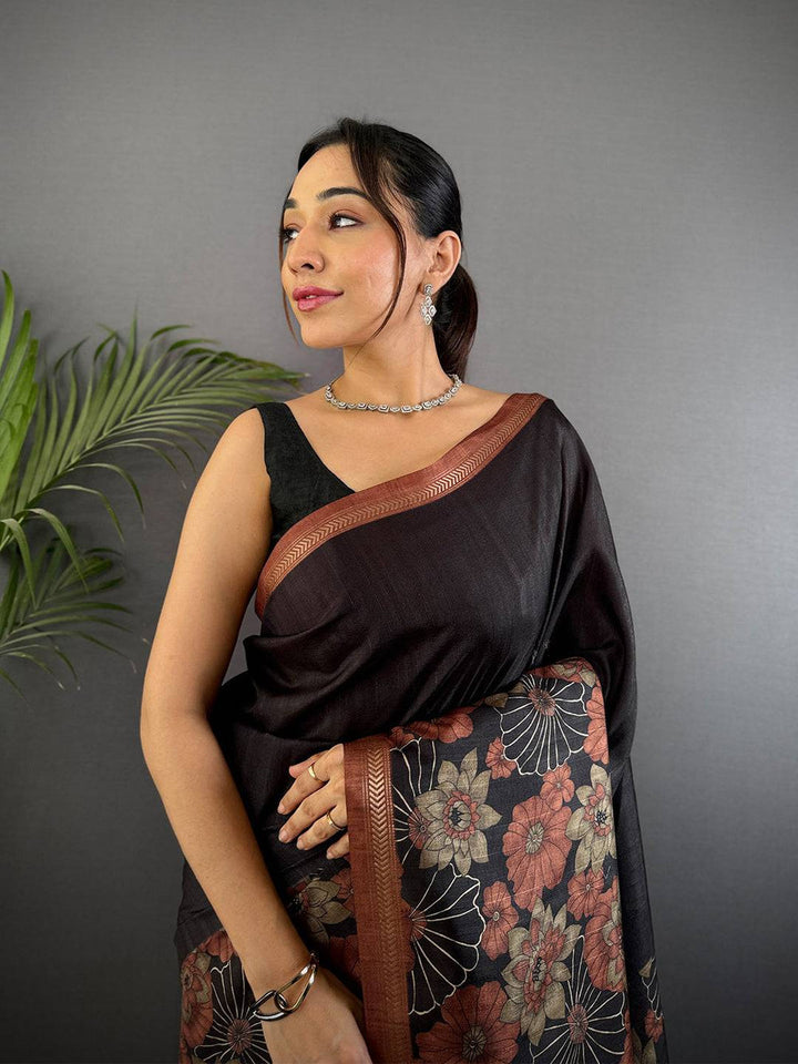 Black Floral Printed Silk Saree with Copper Border