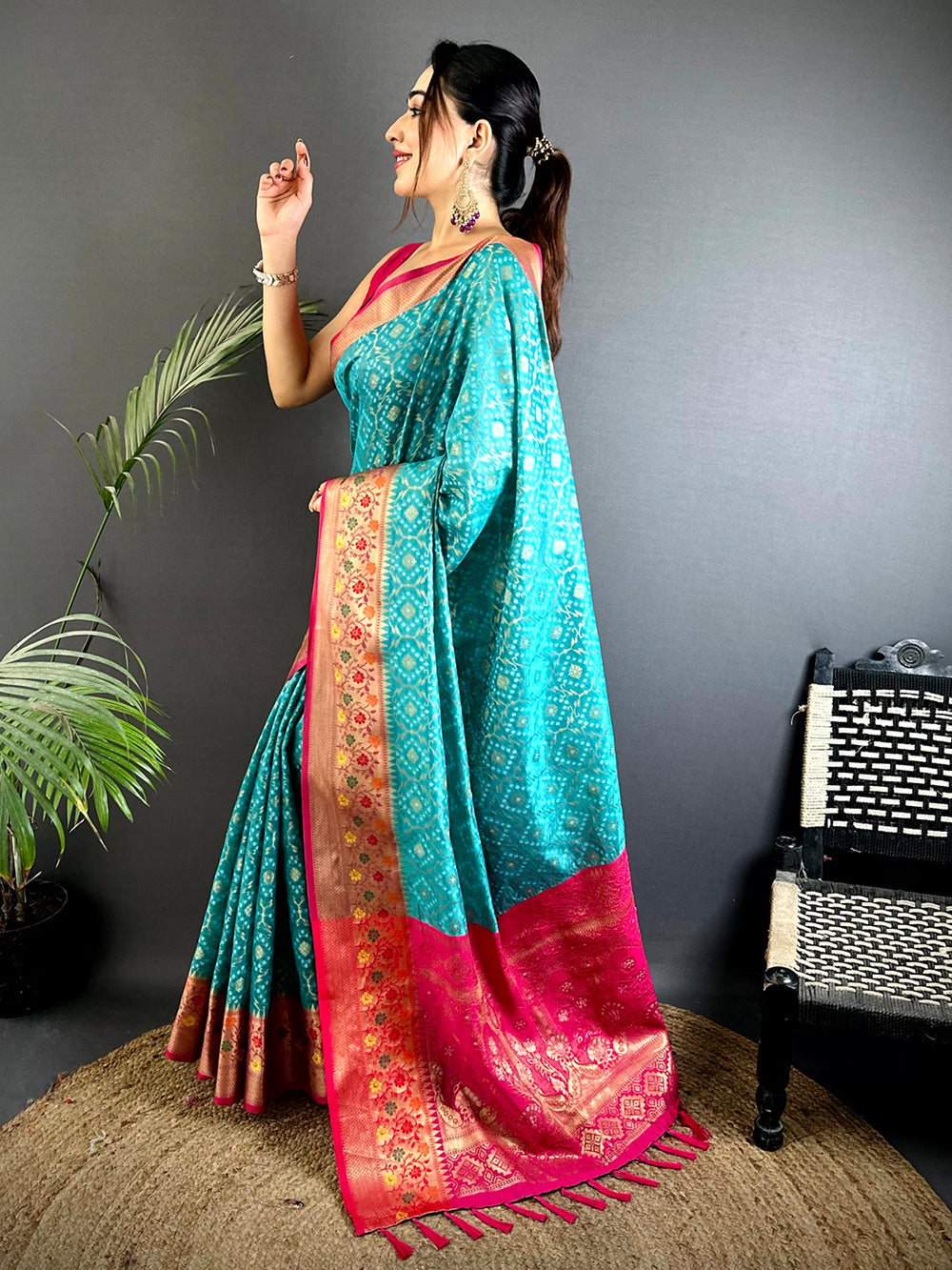 Teal Blue Banarasi Silk Saree with Pink Zari Border