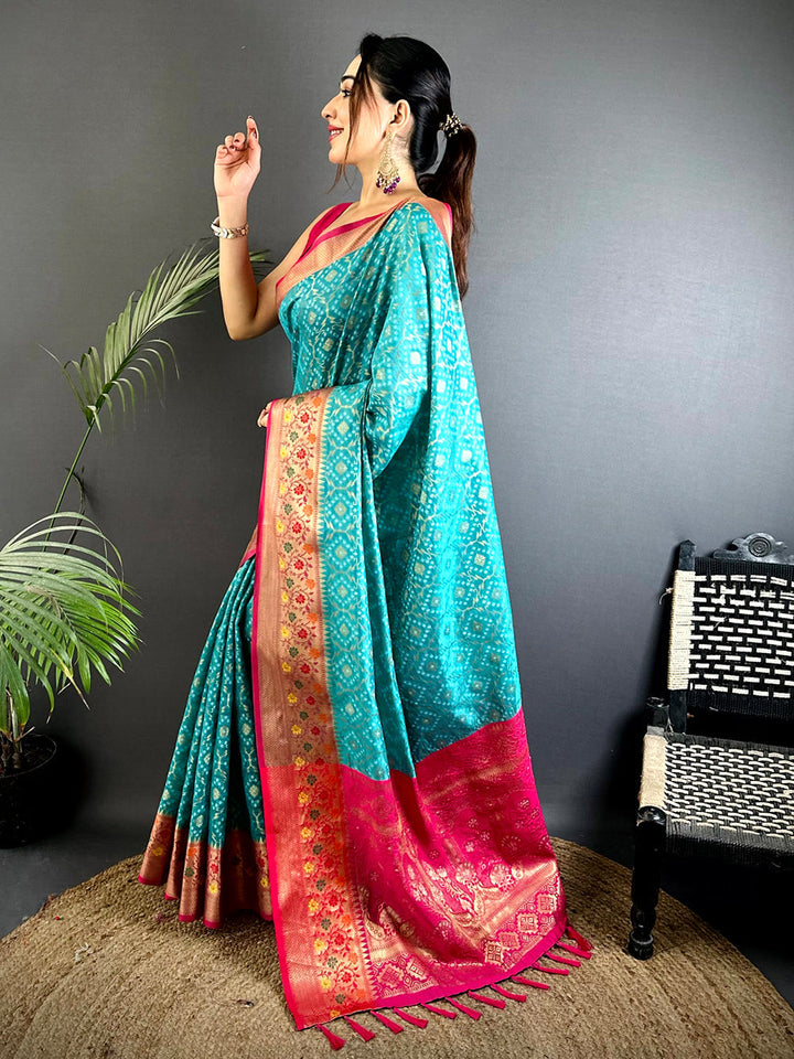 Teal Blue Banarasi Silk Saree with Pink Zari Border