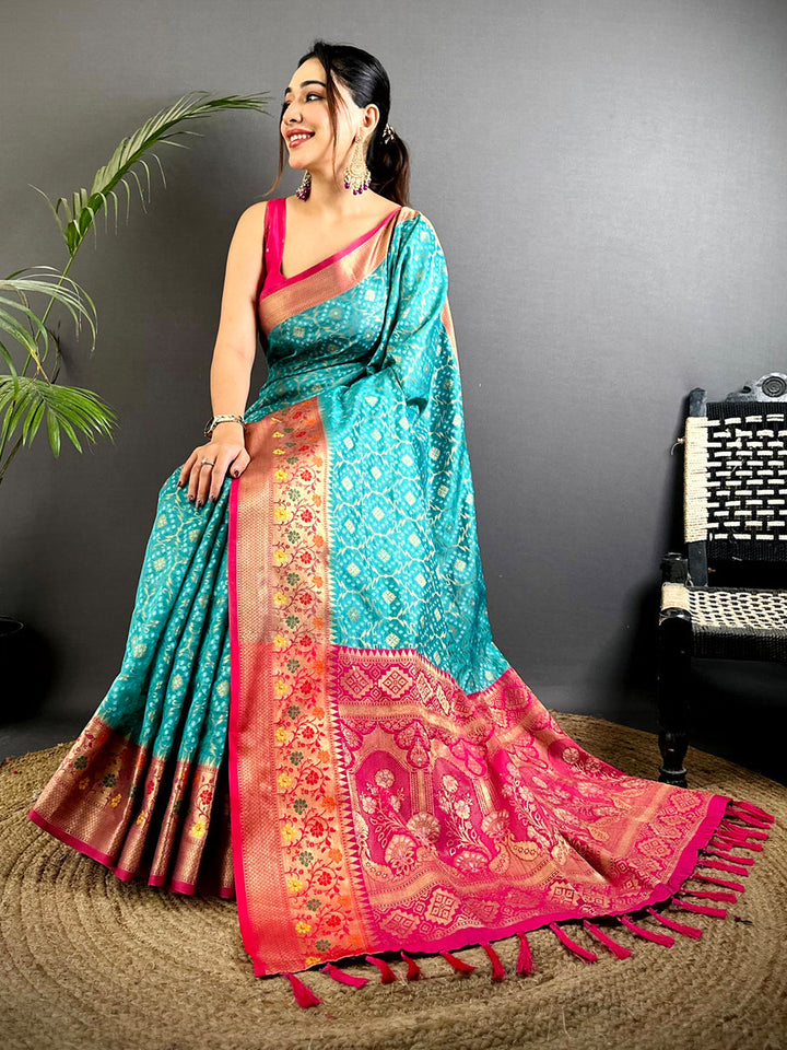 Teal Blue Banarasi Silk Saree with Pink Zari Border