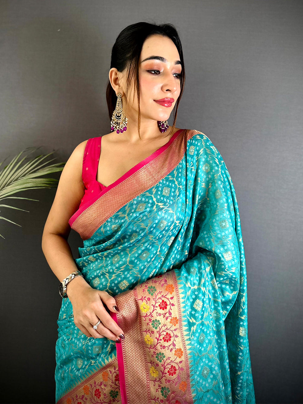 Teal Blue Banarasi Silk Saree with Pink Zari Border
