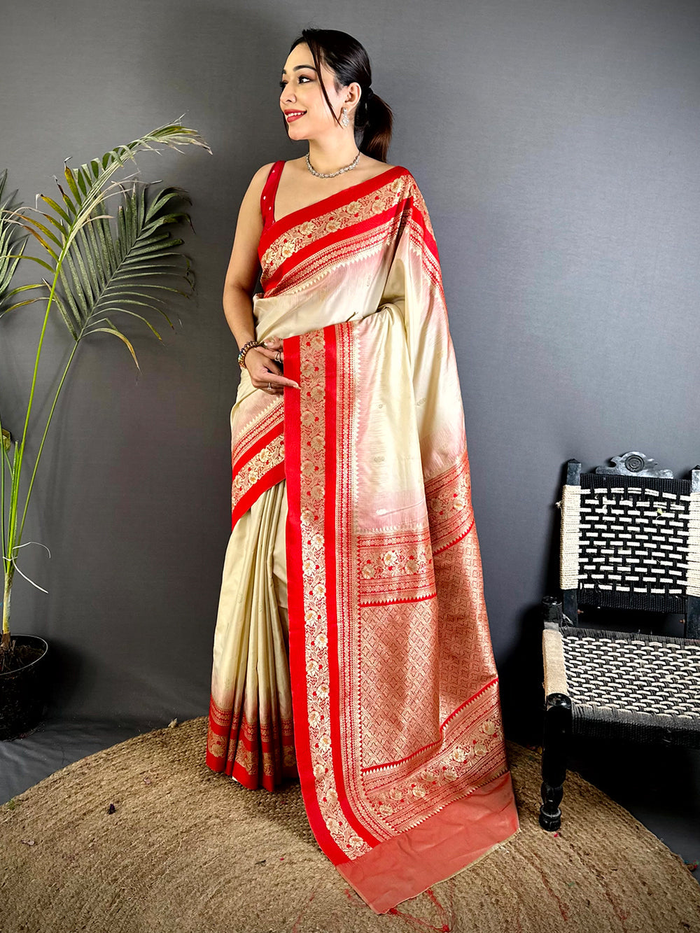 Cream & Red Banarasi Silk Saree for Women