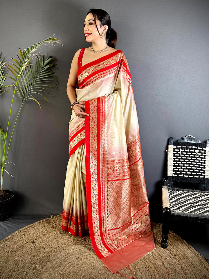 Cream & Red Banarasi Silk Saree for Women