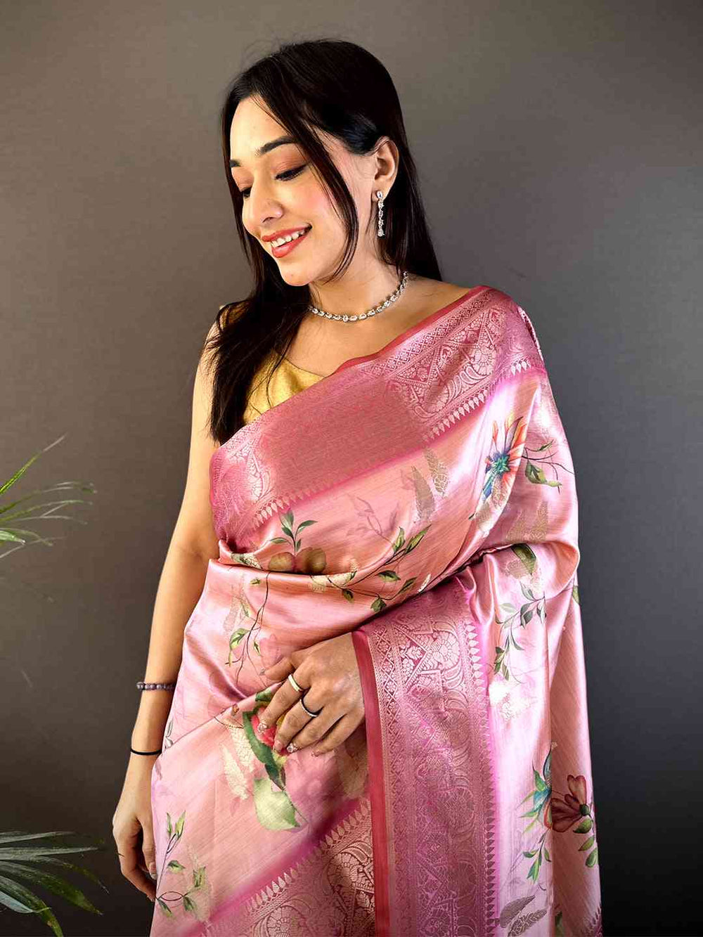 Pink Soft Silk Saree with Floral Print & Rich Banarasi Zari Pallu
