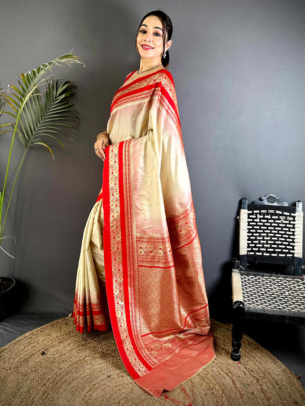 Cream & Red Banarasi Silk Saree for Women