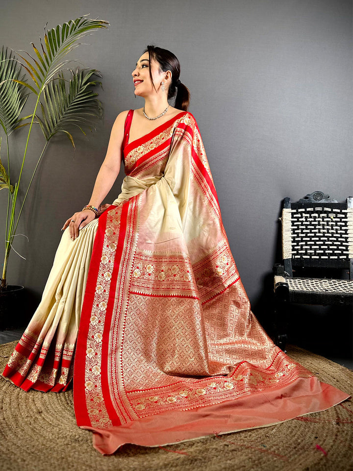 Cream & Red Banarasi Silk Saree for Women