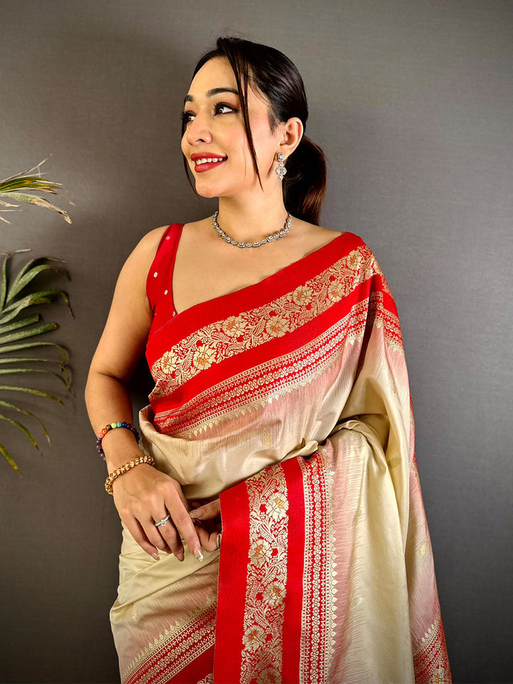 Cream & Red Banarasi Silk Saree for Women