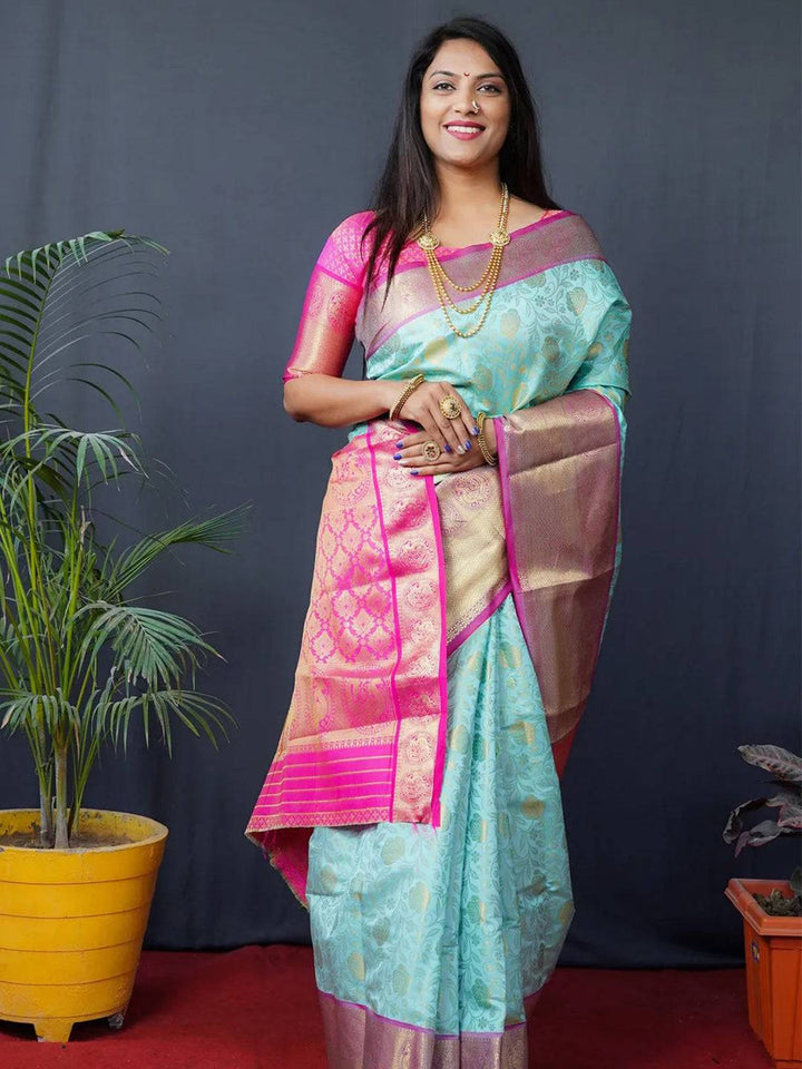 Sky Blue & Pink Banarasi Silk Saree for Women