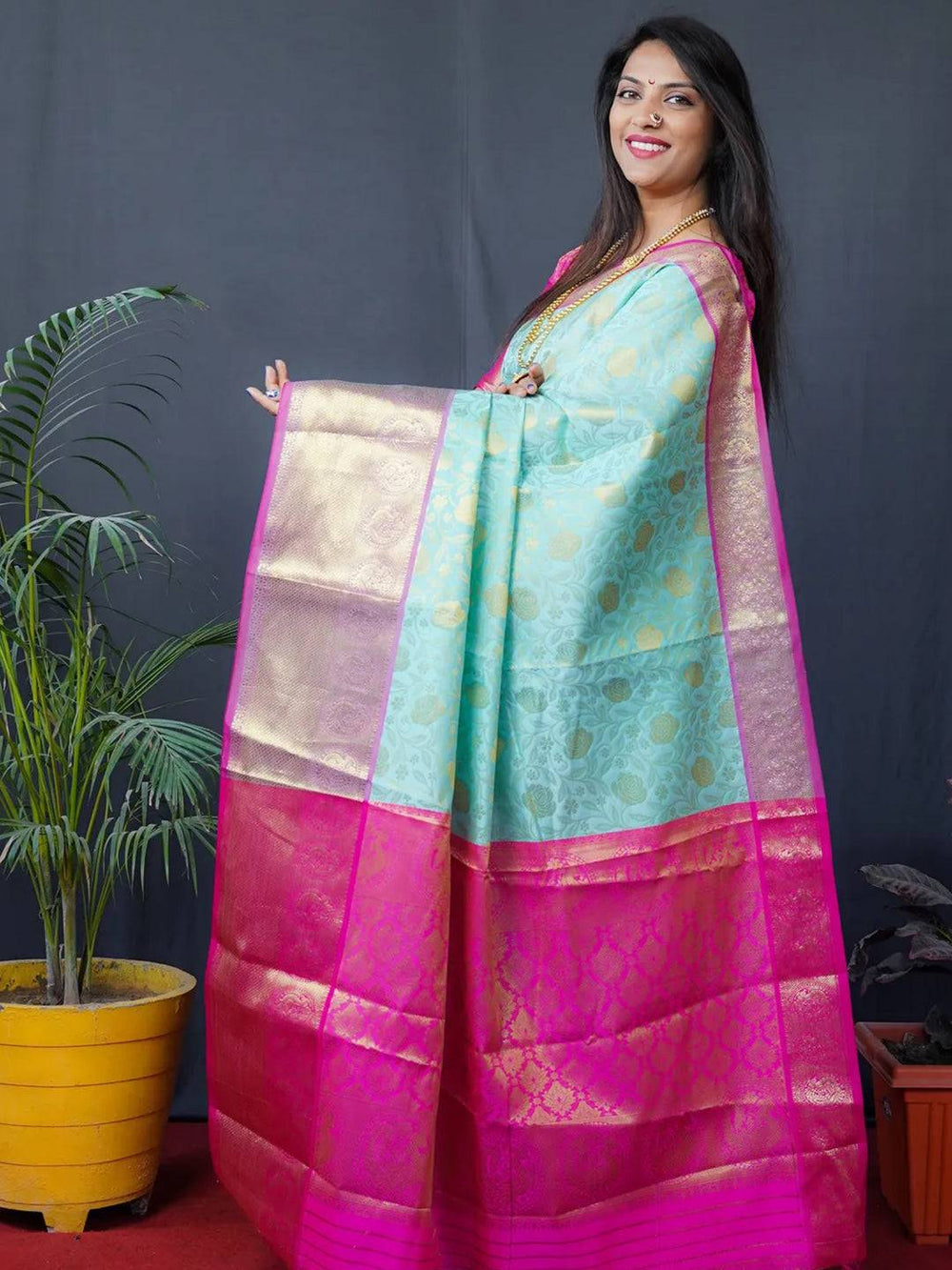 Sky Blue & Pink Banarasi Silk Saree for Women
