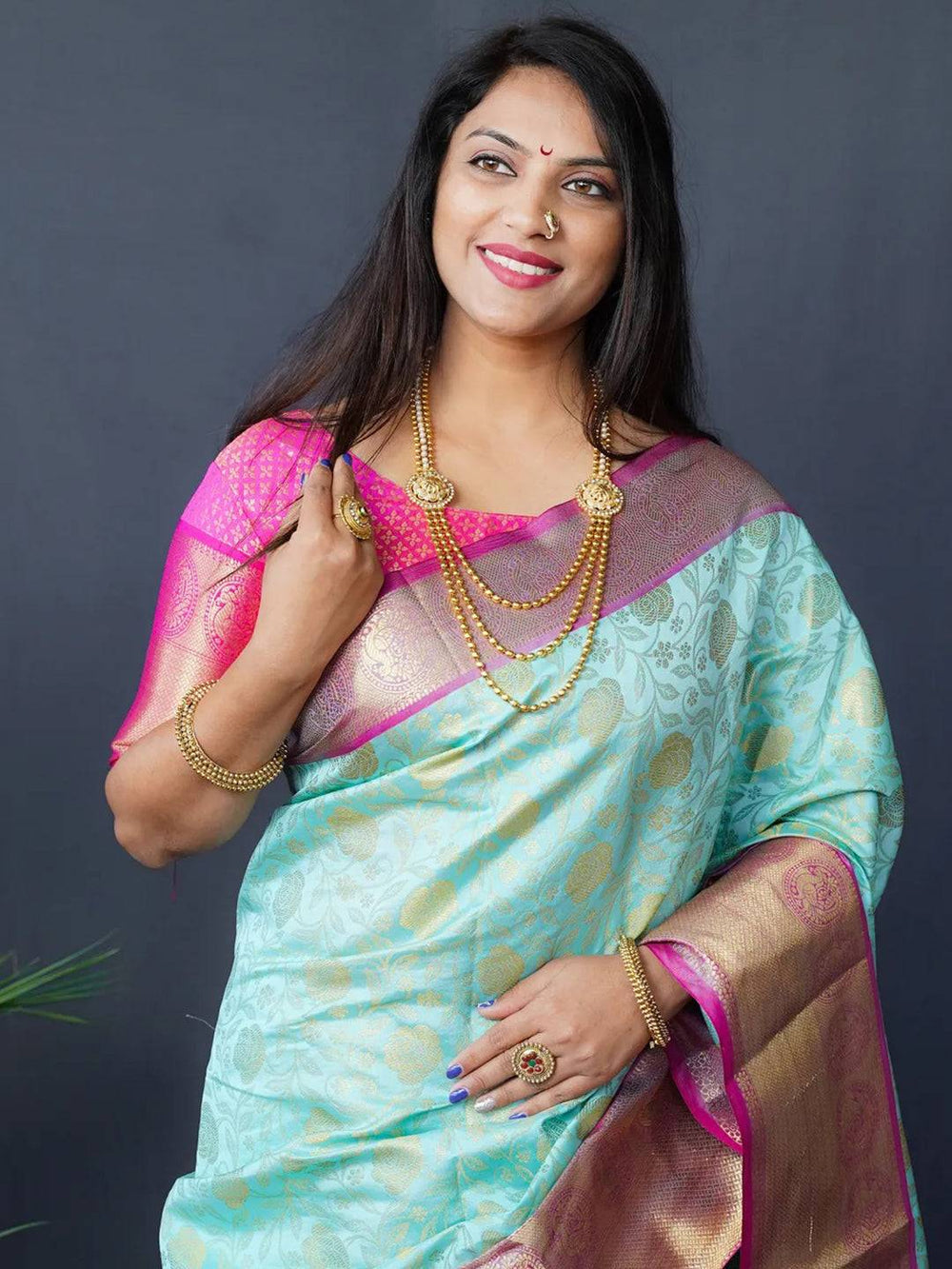 Sky Blue & Pink Banarasi Silk Saree for Women