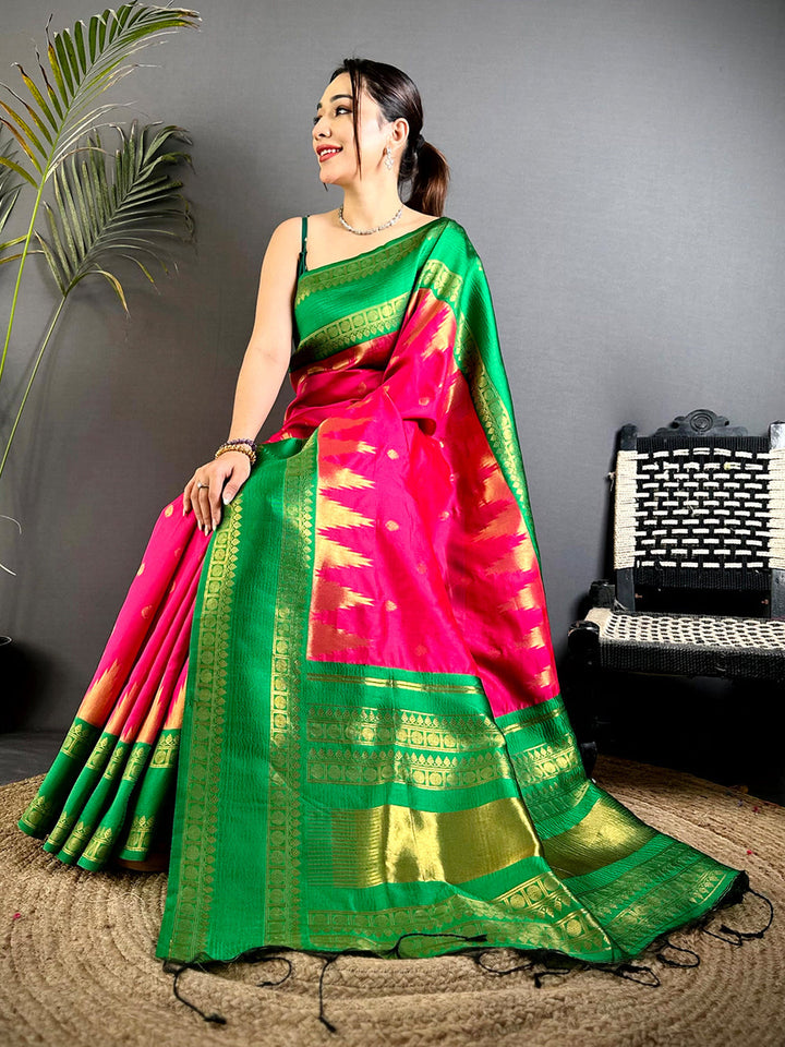 Pink & Green Soft Silk Saree with Rich Gold Zari Border