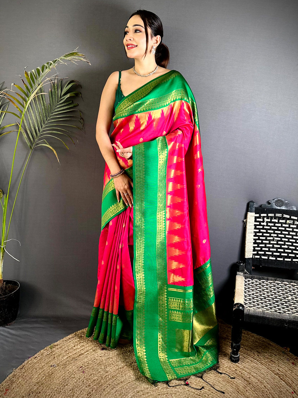 Pink & Green Soft Silk Saree with Rich Gold Zari Border