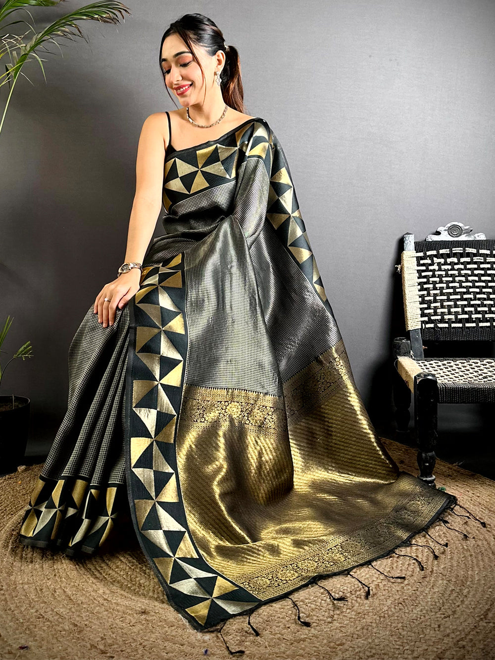 Black & Gold Silk Saree for Women