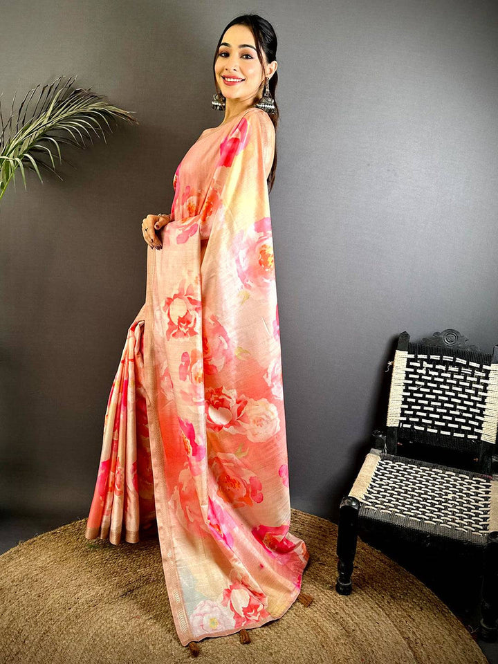 Peach Floral Printed Silk Saree for Women