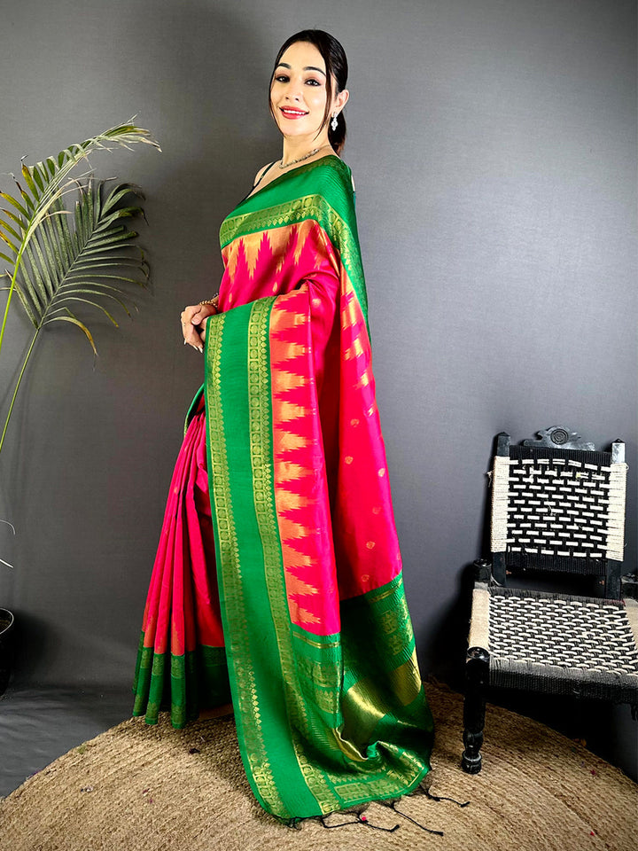 Pink & Green Soft Silk Saree with Rich Gold Zari Border