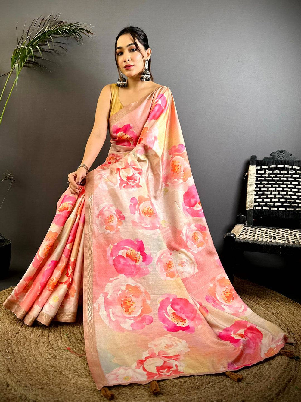 Peach Floral Printed Silk Saree for Women