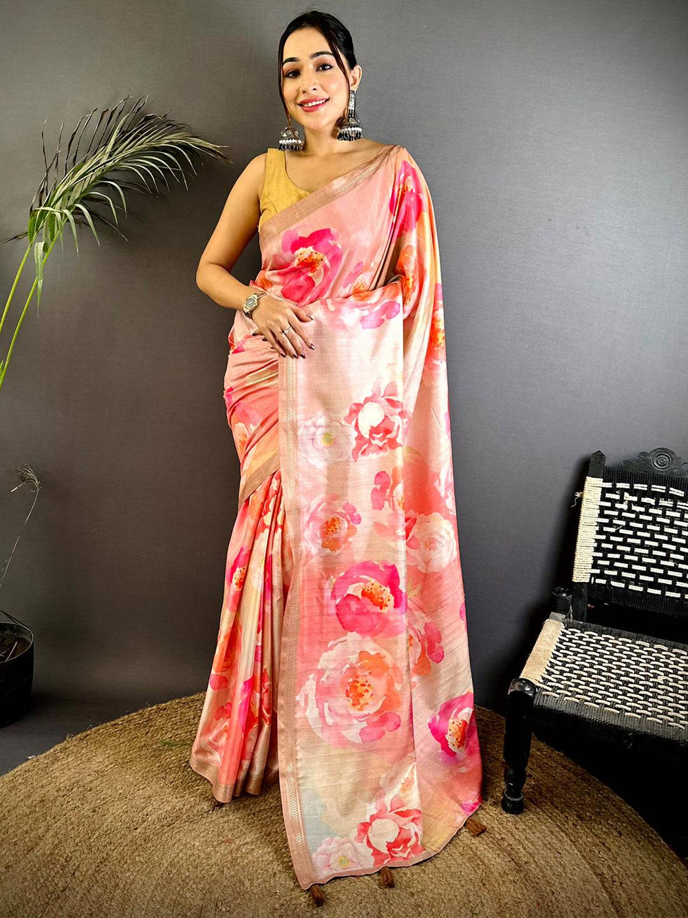 Peach Floral Printed Silk Saree for Women