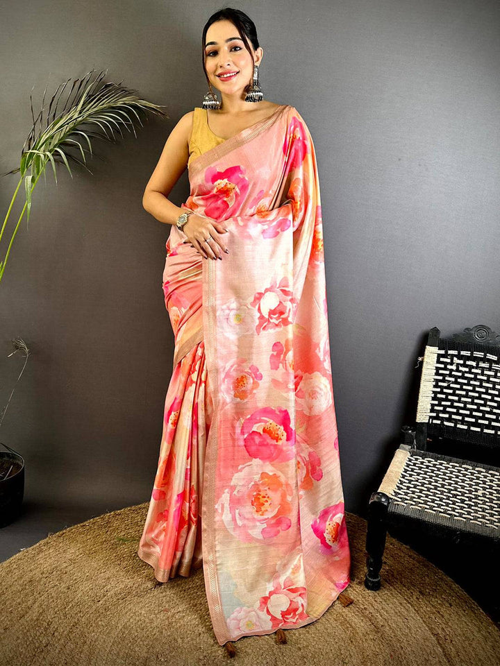 Peach Floral Printed Silk Saree for Women