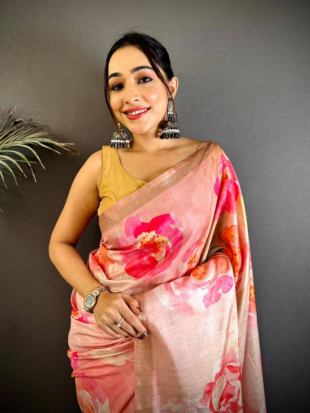 Peach Floral Printed Silk Saree for Women
