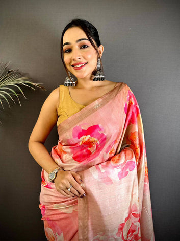 Peach Floral Printed Silk Saree for Women