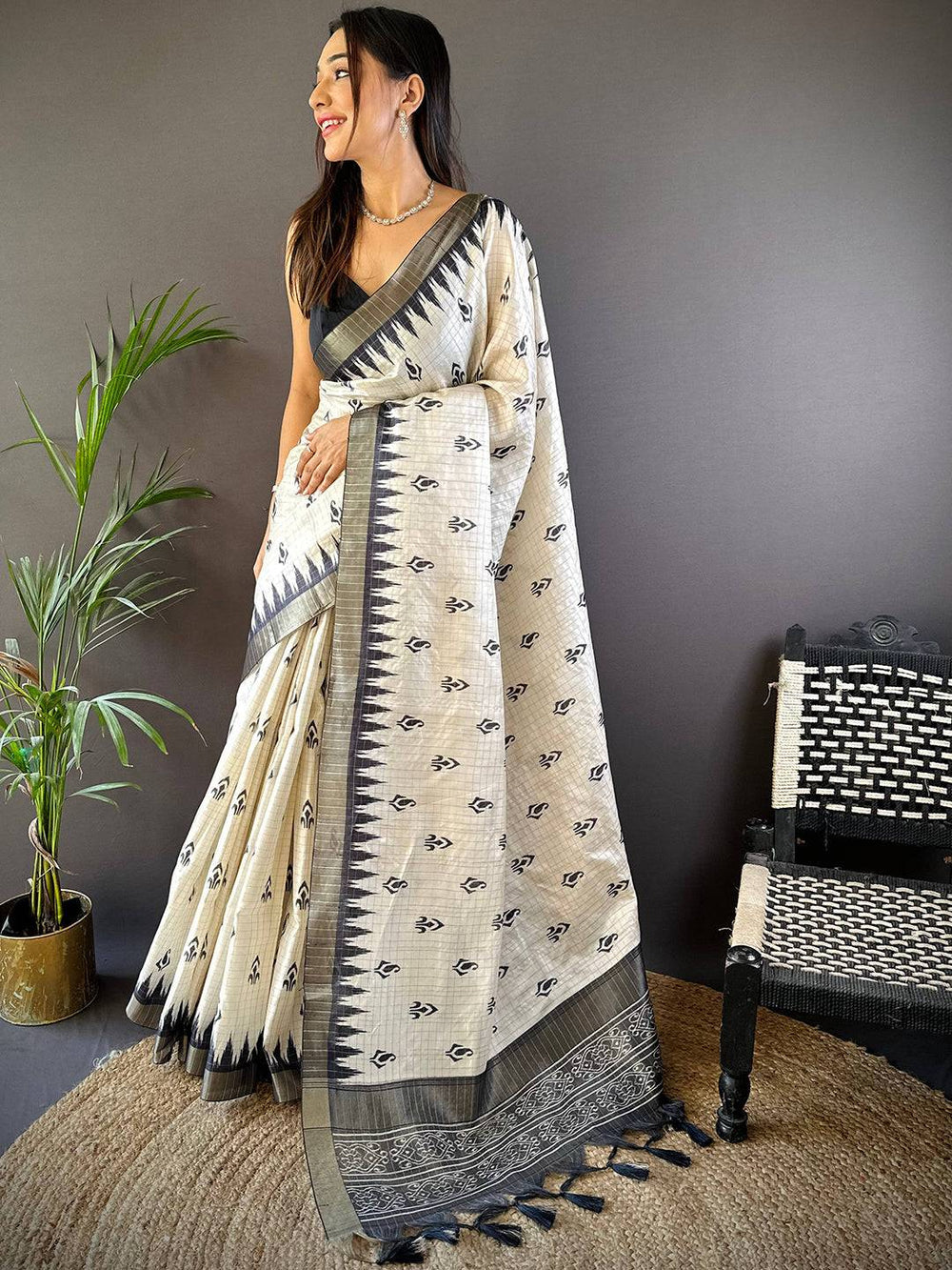 Cream & Black Ikat Silk Saree for Women
