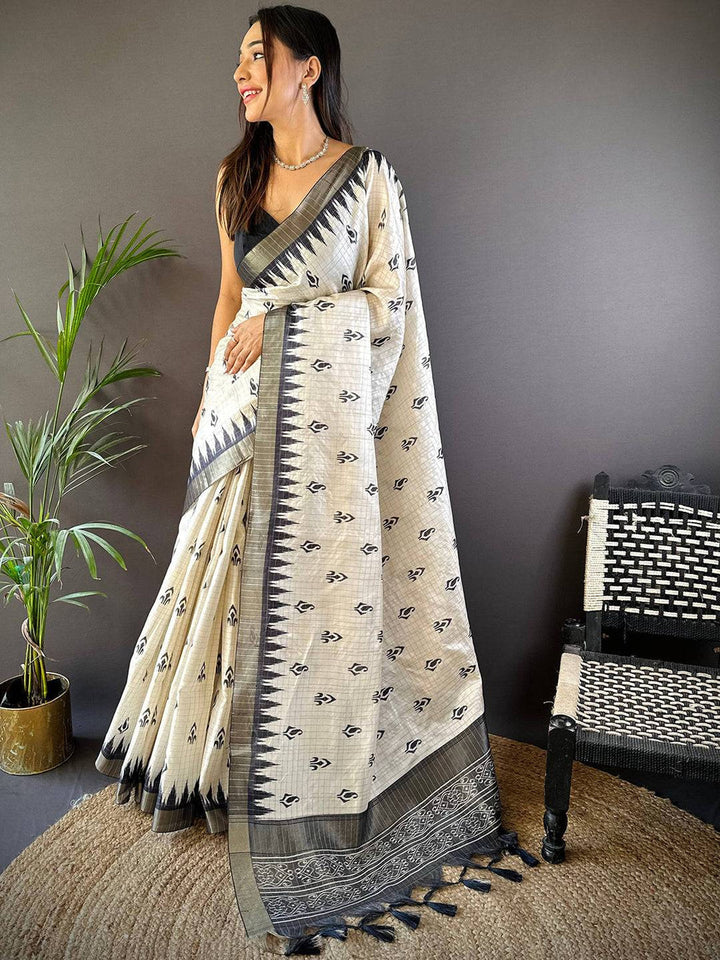 Cream & Black Ikat Silk Saree for Women