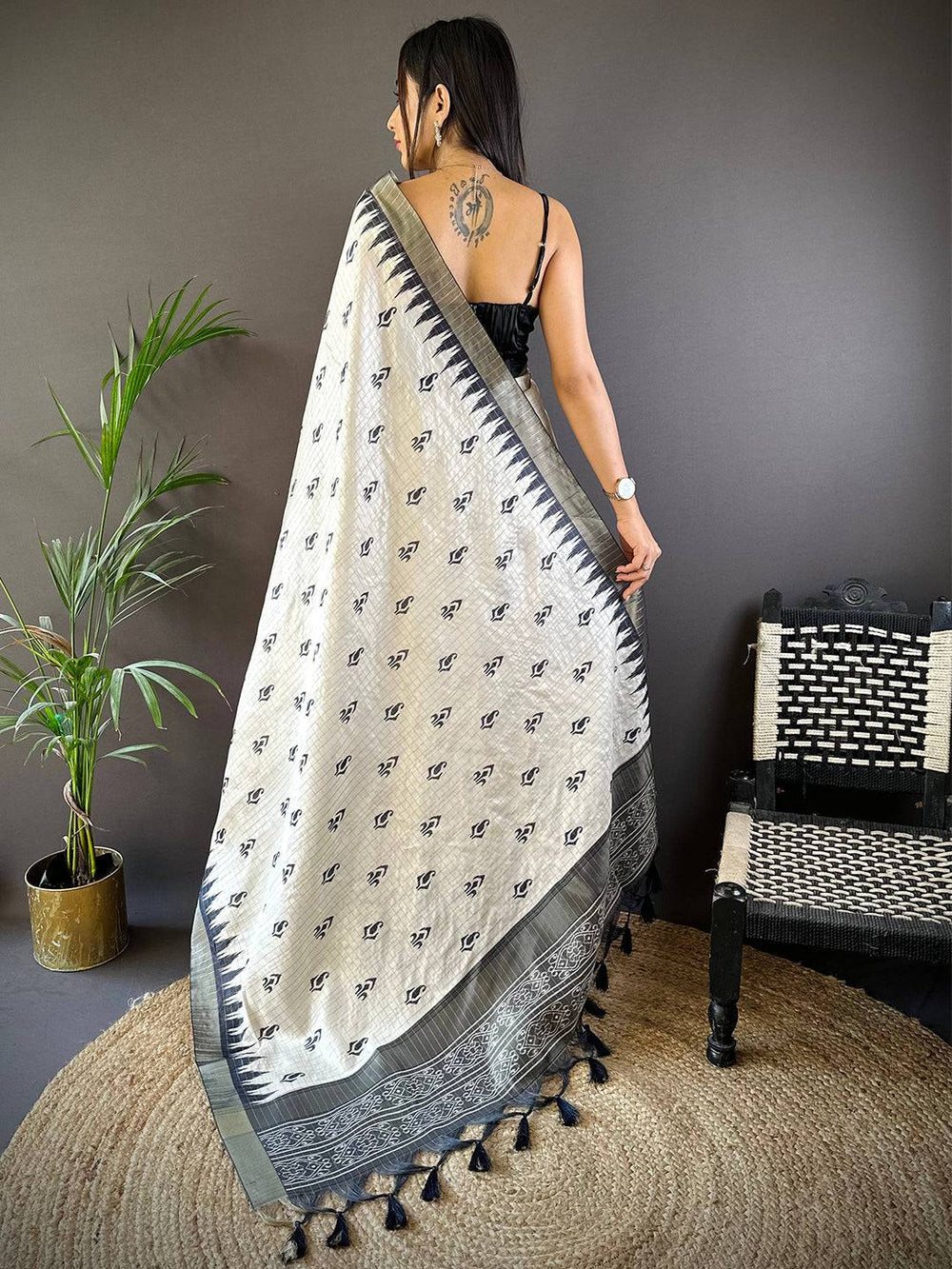 Cream & Black Ikat Silk Saree for Women