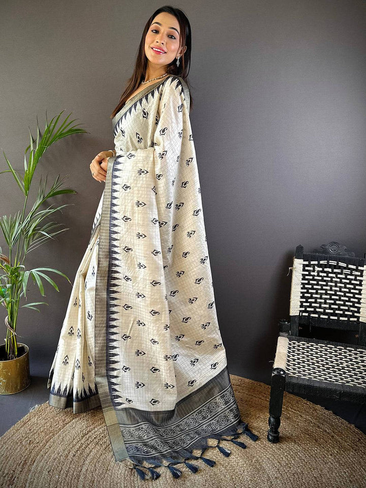 Cream & Black Ikat Silk Saree for Women