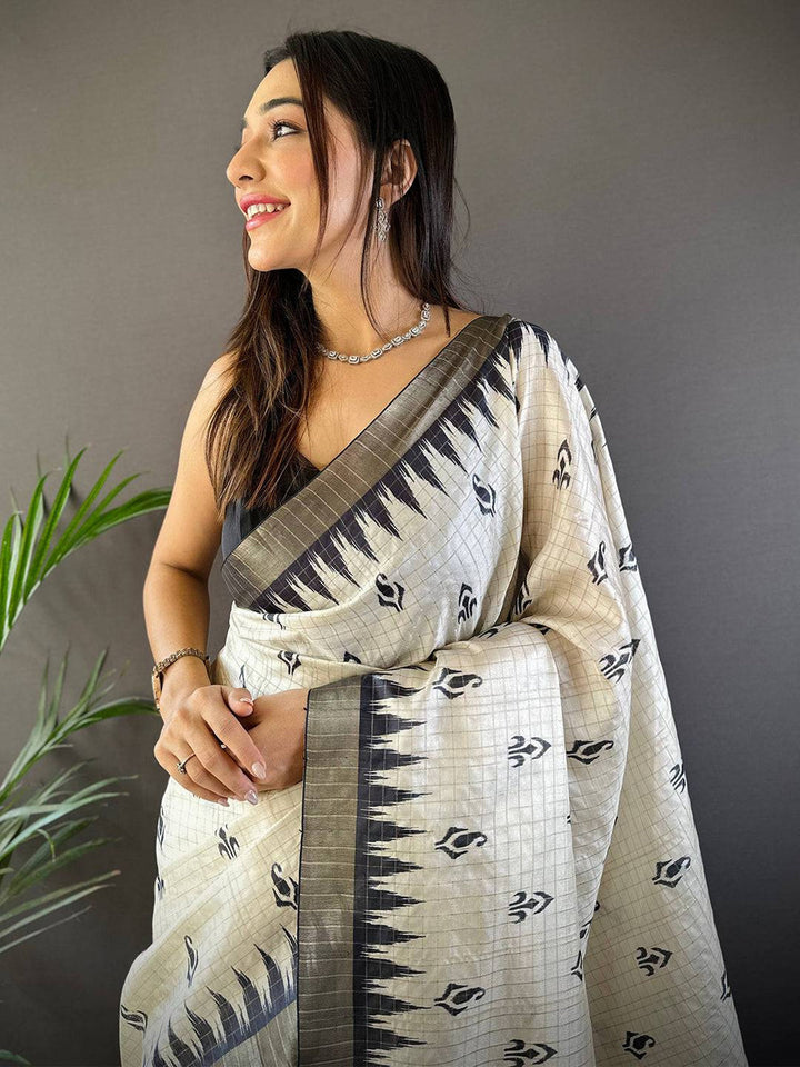Cream & Black Ikat Silk Saree for Women