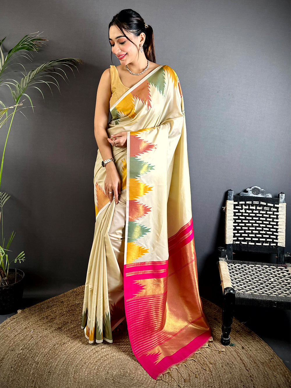 Cream & Multicolor Ikat Silk Saree for Women