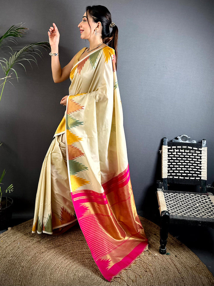 Cream & Multicolor Ikat Silk Saree for Women