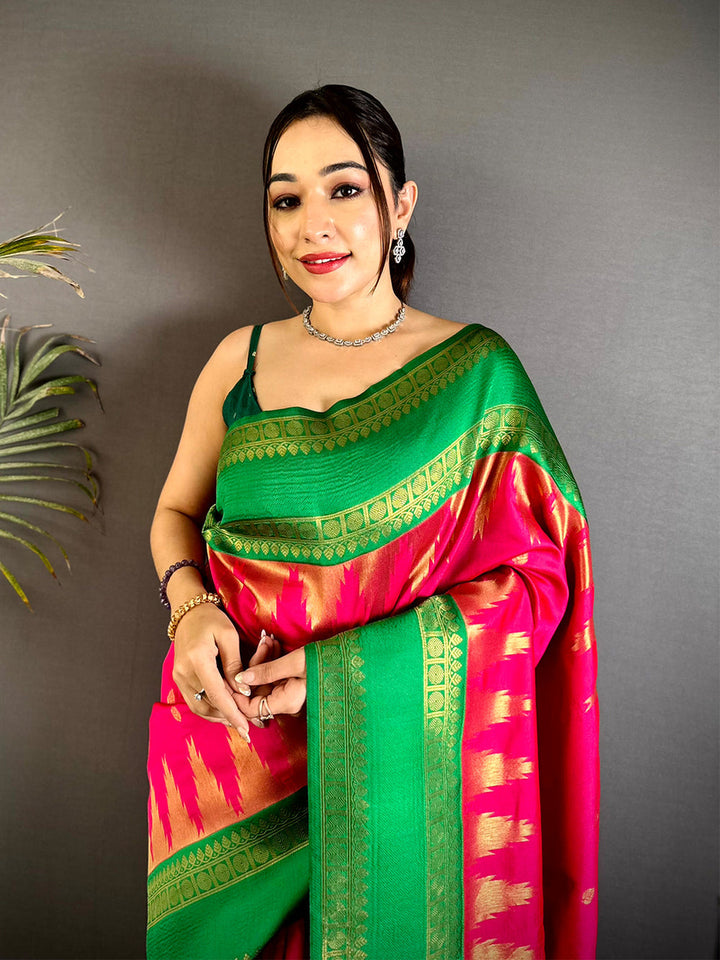 Pink & Green Soft Silk Saree with Rich Gold Zari Border