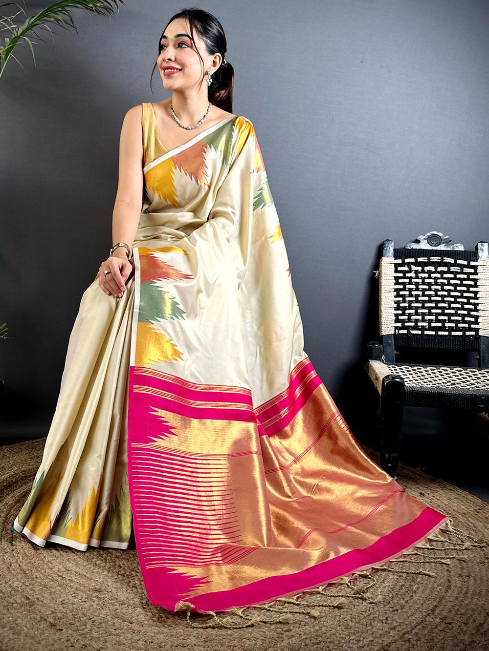 Cream & Multicolor Ikat Silk Saree for Women