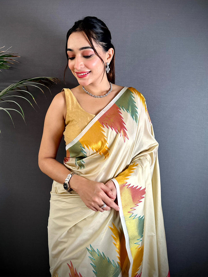 Cream & Multicolor Ikat Silk Saree for Women