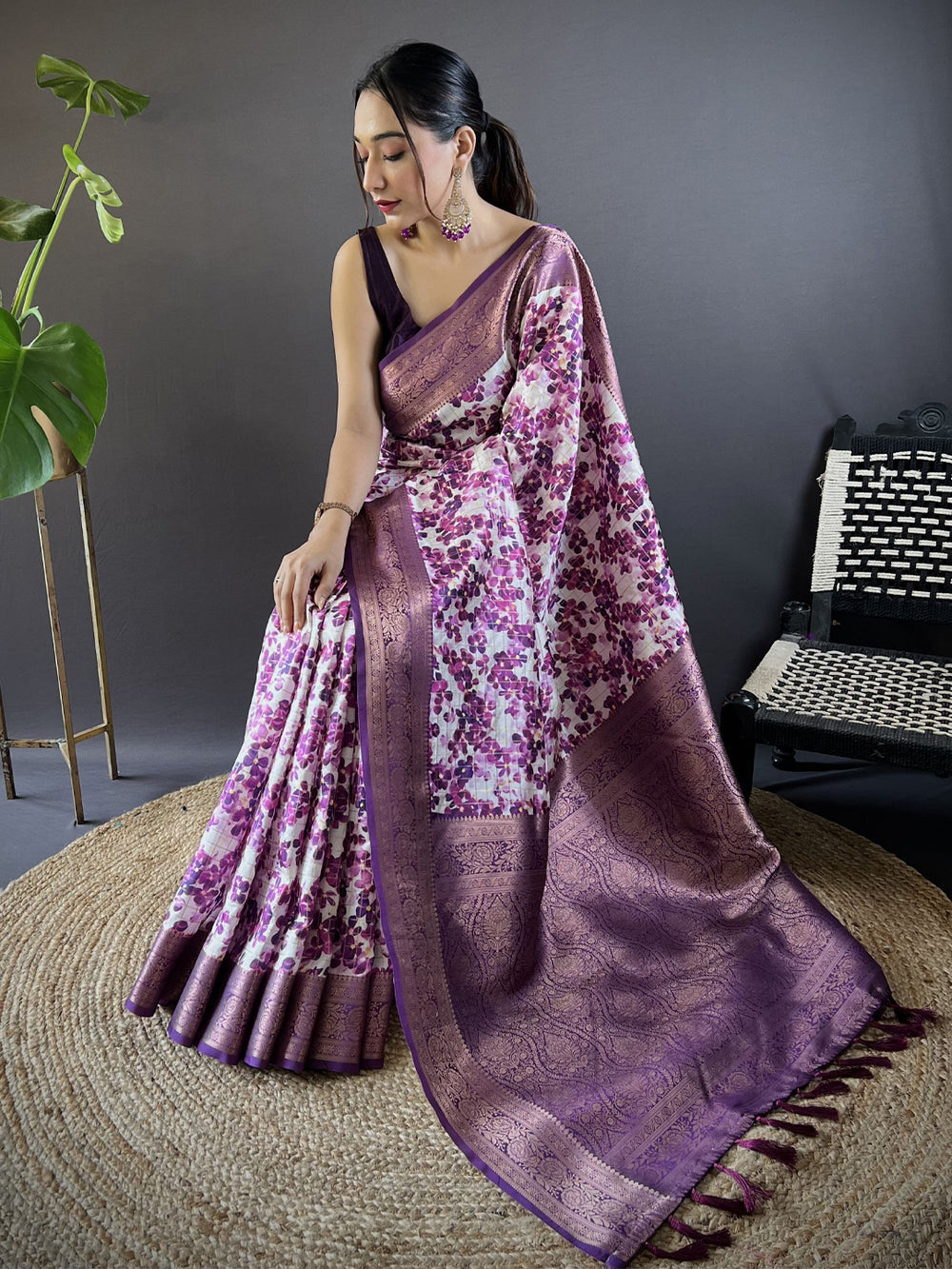 White & Purple Banarasi Silk Saree for Women