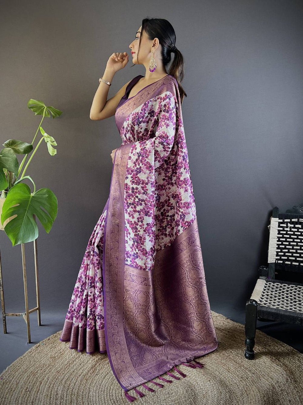 White & Purple Banarasi Silk Saree for Women