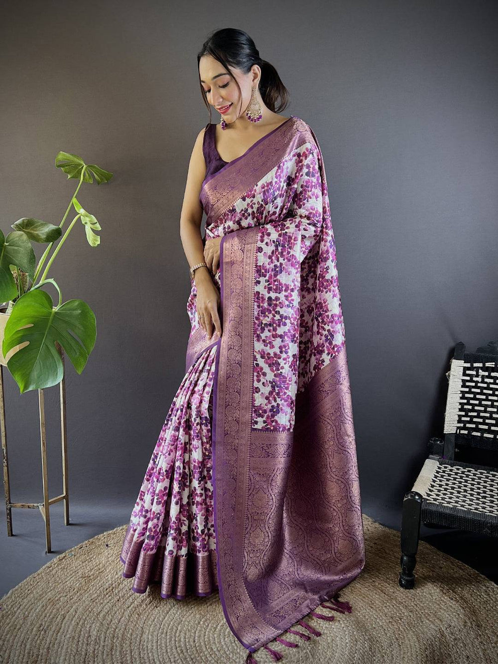 White & Purple Banarasi Silk Saree for Women