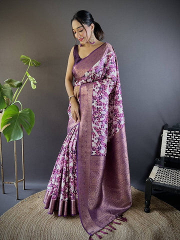 White & Purple Banarasi Silk Saree for Women
