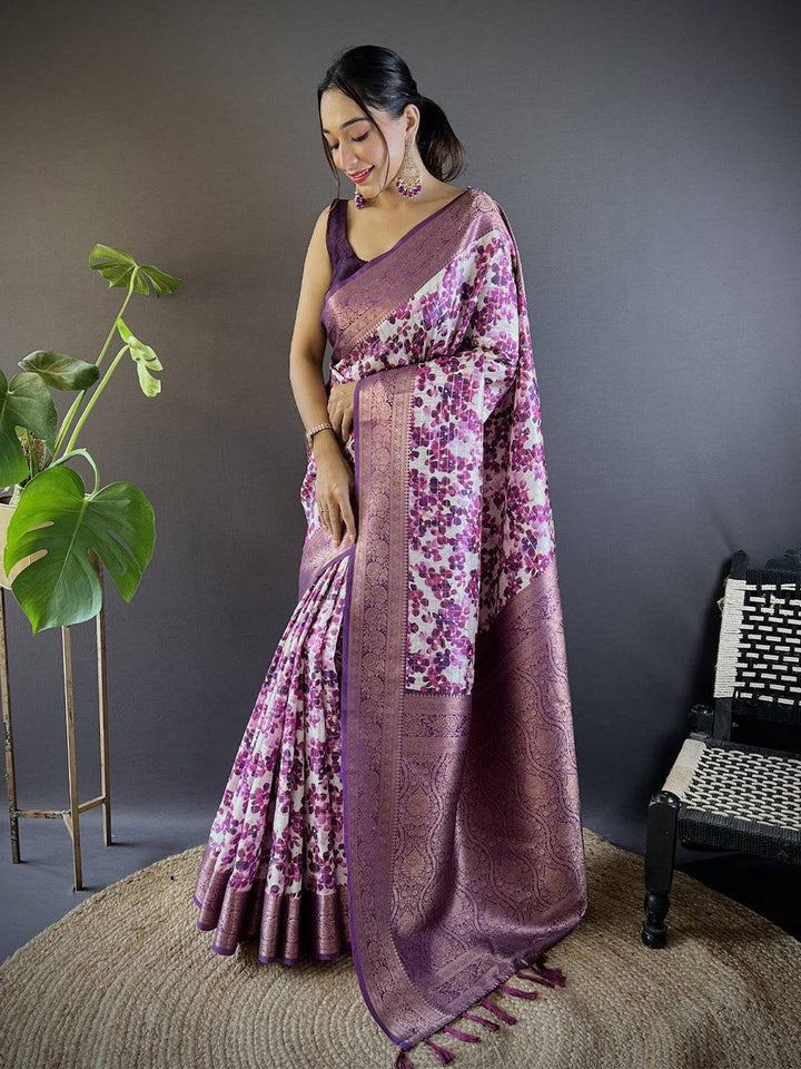 White & Purple Banarasi Silk Saree for Women
